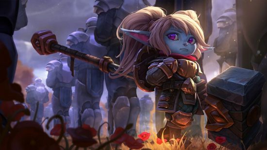 League of Legends tier list: a small humanoid with blonde hair and pointy ears walks through a poppy field carrying a large hammer.