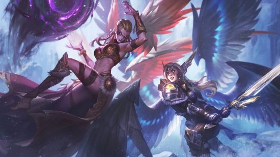 Two winged women fighting in the sky, one is red and barbaric, the other blue with silver armor