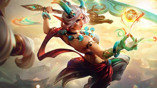 League of Legends creator SkinSpotlights is "defeated," slashes output: A beautiful elf woman with green dragon horns and white hair, wearing a floaty red outfit, prepares her glaive summoning a fireball in her hand