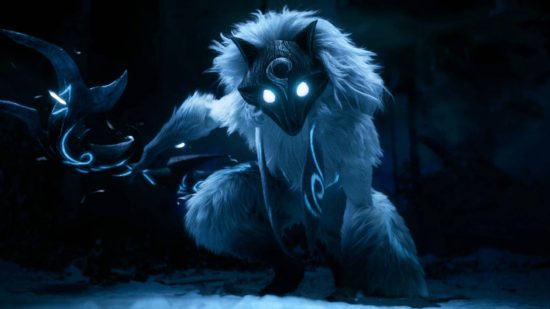 A white, furry creature wearing a black mask with glowing blue eyes crouches in a dark, snowy area, holding a bow behind her