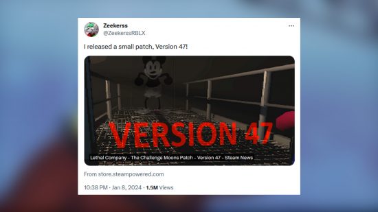 A tweet with an image showing Mickey Mouse in the back of a Lethal Company level. 