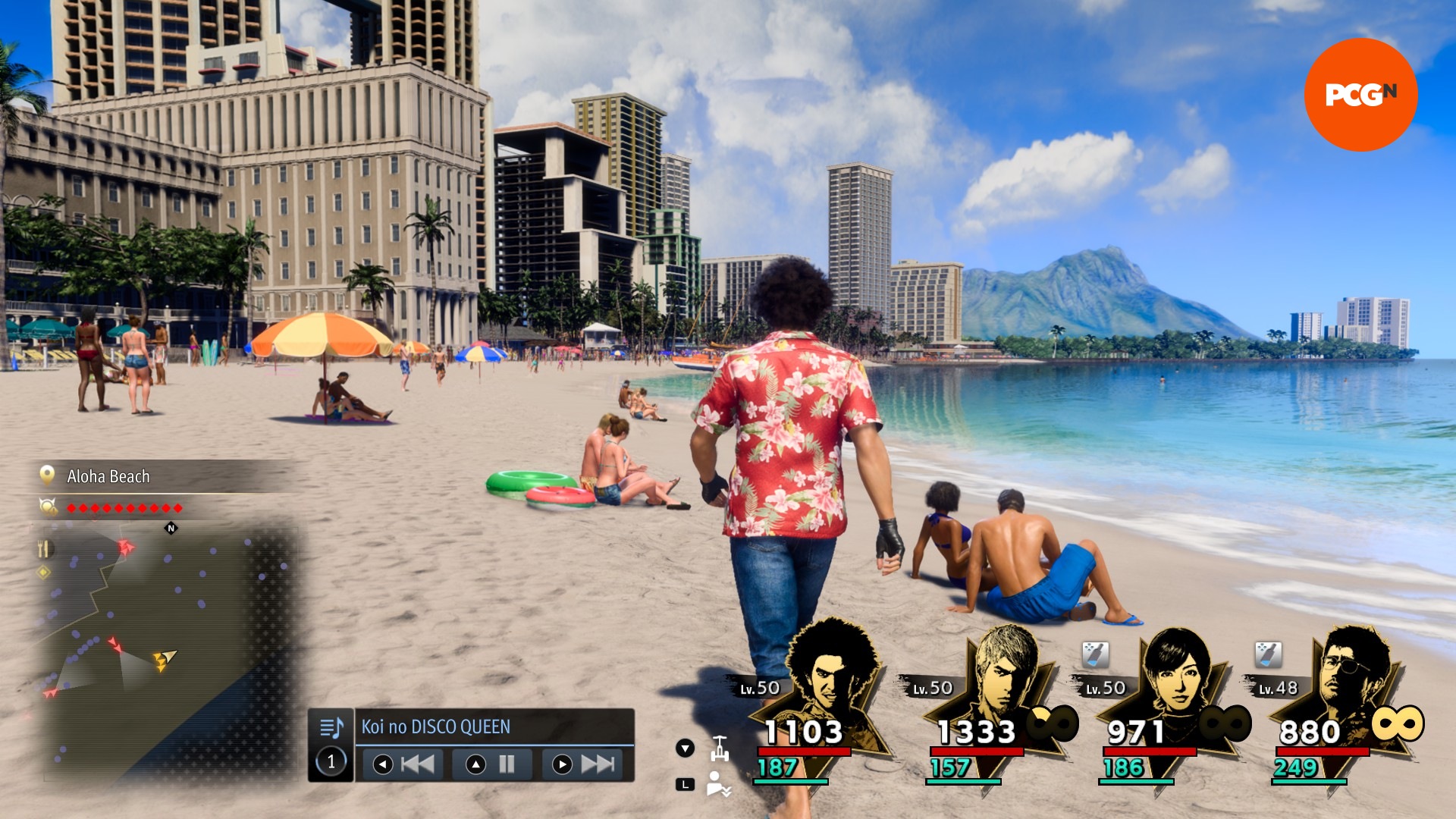 Ichiban strolls across Honolulu’s stunning beaches, surrounded by tourists.