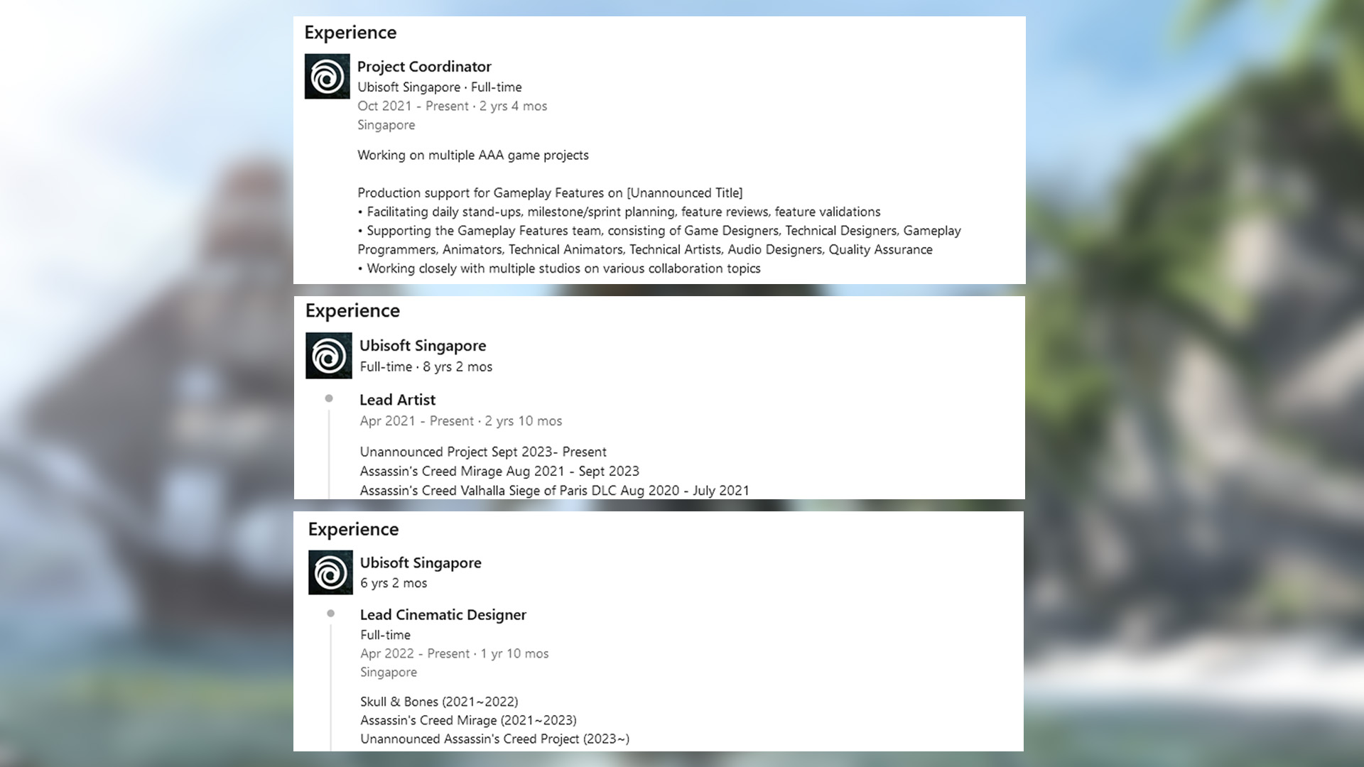 Abschnitte von drei Linkedins, die die Leute zeigen, die an einem Assassin's Creed-Projekt arbeiten. 