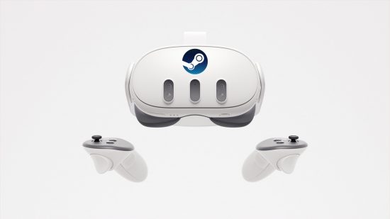 Meta Quest 3 headset (center), with a Steam logo on top of it, surrounded by controllers (left and right)