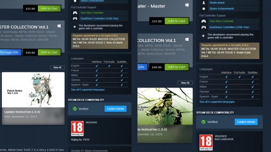 Steam pages for MGS2 and 3 showing Steam Deck verification