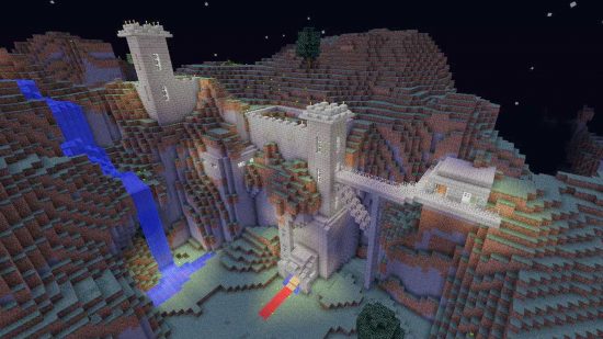 A castle built into a mountain in Minecraft.