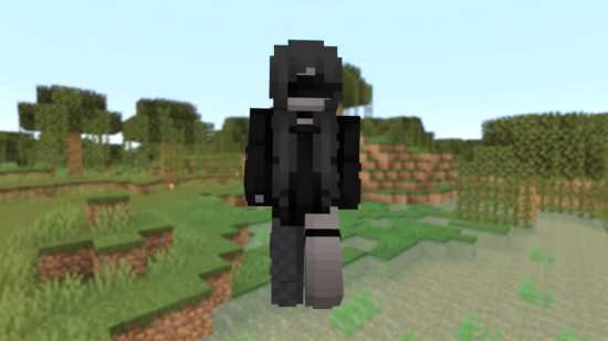 A Minecraft girl skin wearing all black, with a black blindfold around her eyes.