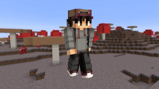 A Minecraft boy skin wears a cap, backpack, and sneakers that all match.