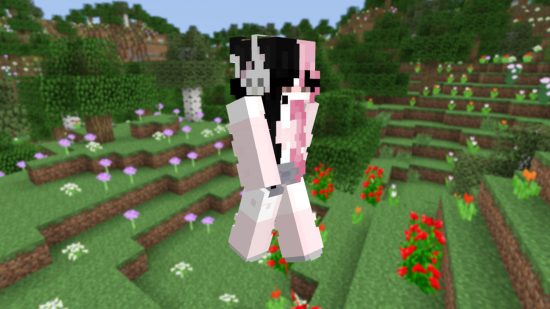 A girl Minecraft skin, with two-tone pink and black hair, and a pair of cat shaped headphones.