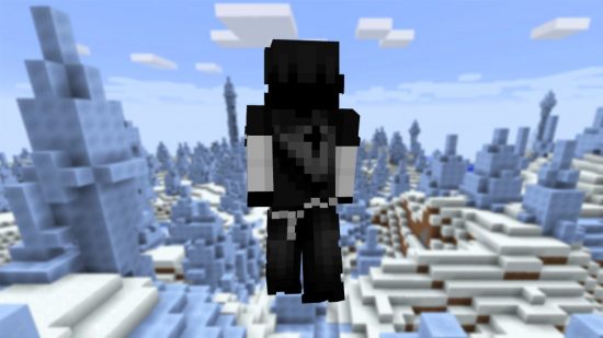 A gothic emo Minecraft boy skin on the backdrop of an icy cold ice spikes biome.