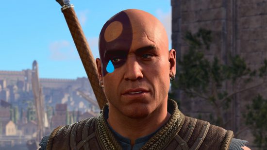 Minsc from BG3, a bald man with a sword on his back, with facepaint, and a cartoon tear on his eye.