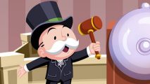 The Monopoly man ringing a bell in promotional art for Monopoly Go.