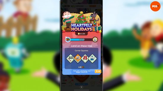 The Heartfelt Holidays event screen in Monopoly Go.