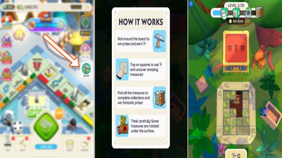 A three-image graphic showing how to play the Monopoly Go Jungle Treasures event.