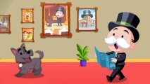 Monopoly Go Origins rewards: Mr Monopoly and his dog look at a gallery wall