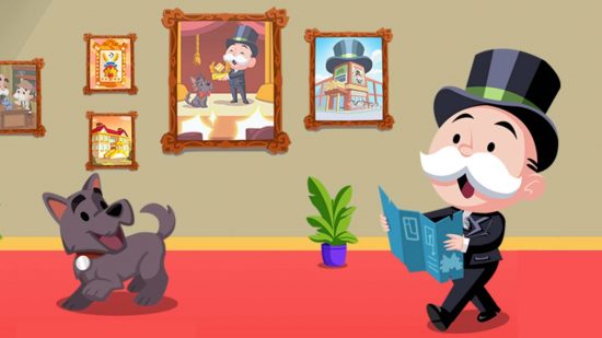Monopoly Go Origins rewards: Mr Monopoly and his dog look at a gallery wall