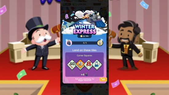 The Monopoly Go Winter Express in-game screen.
