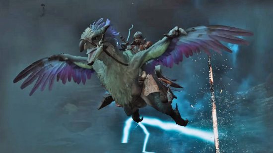Monster Hunter Wilds release date: the new mount is gliding through a thunderstorm.