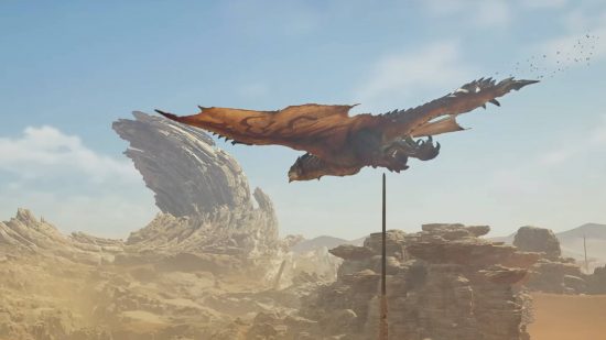 Monster Hunter Wilds release date: a Rathalos glides through the desert air.