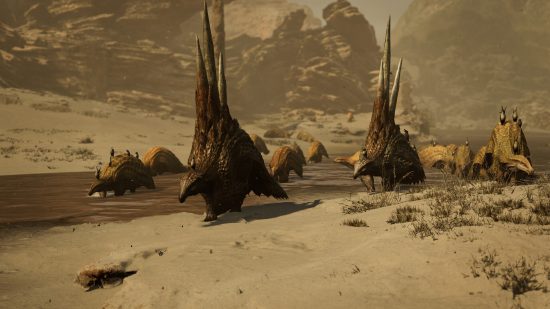 Monster Hunter Wilds release date: spiky Pangolin-like monsters walk through the desert with birds resting on their heads and backs.