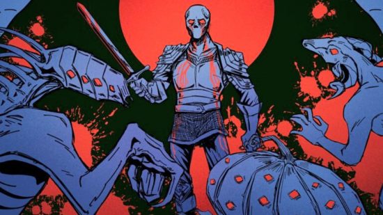 Mortal Sin Steam sale: a purple skeleton man on a red background