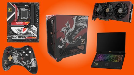 A set of Monster Hunter limited-edition PC components and peripherals, manufactured by MSI, against an orange background