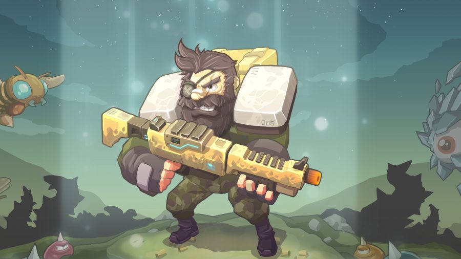 Nimrods Guncraft Survivor - A bearded man with an eyepatch holds a yellow assault rifle.