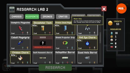 Nimrods: Guncraft Survivor: una mirada al laboratorio de investigación, donde se pueden desbloquear mejoras para aumentos y armas.