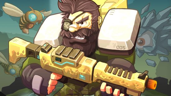 Nimrods Guncraft Survivor is a new Steam roguelike with near-unlimited guns - A bearded man with an eyepatch holds a yellow assault rifle.