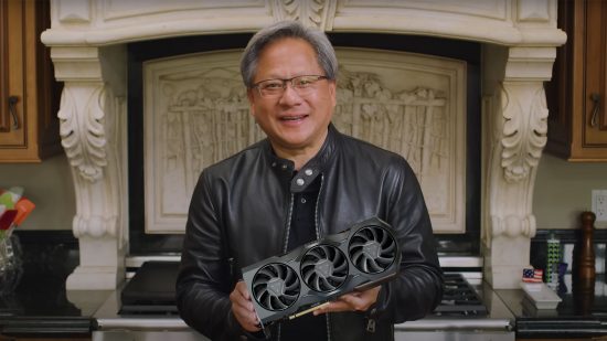 Nvidia CEO holding AMD GPU mockup