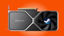 Nvidia GeForce RTX 4070 graphics card, with a Steam logo on its fan, against an orange background
