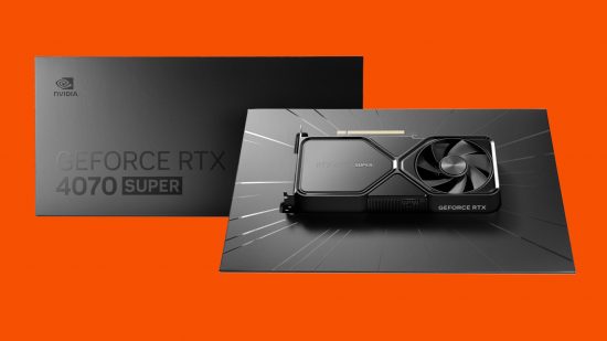 The GeForce RTX 4070 Super Founders Edition, in its retail packaging, against an orange background