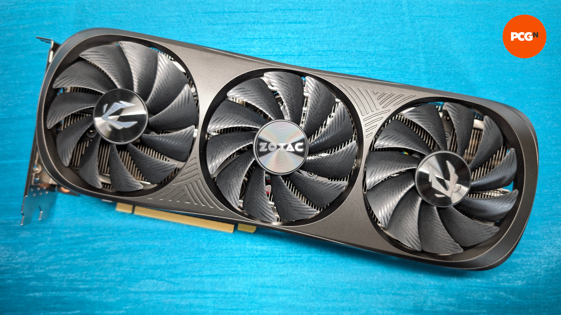 The Nvidia GeForce RTX 4070 Ti Super graphics card against a blue background