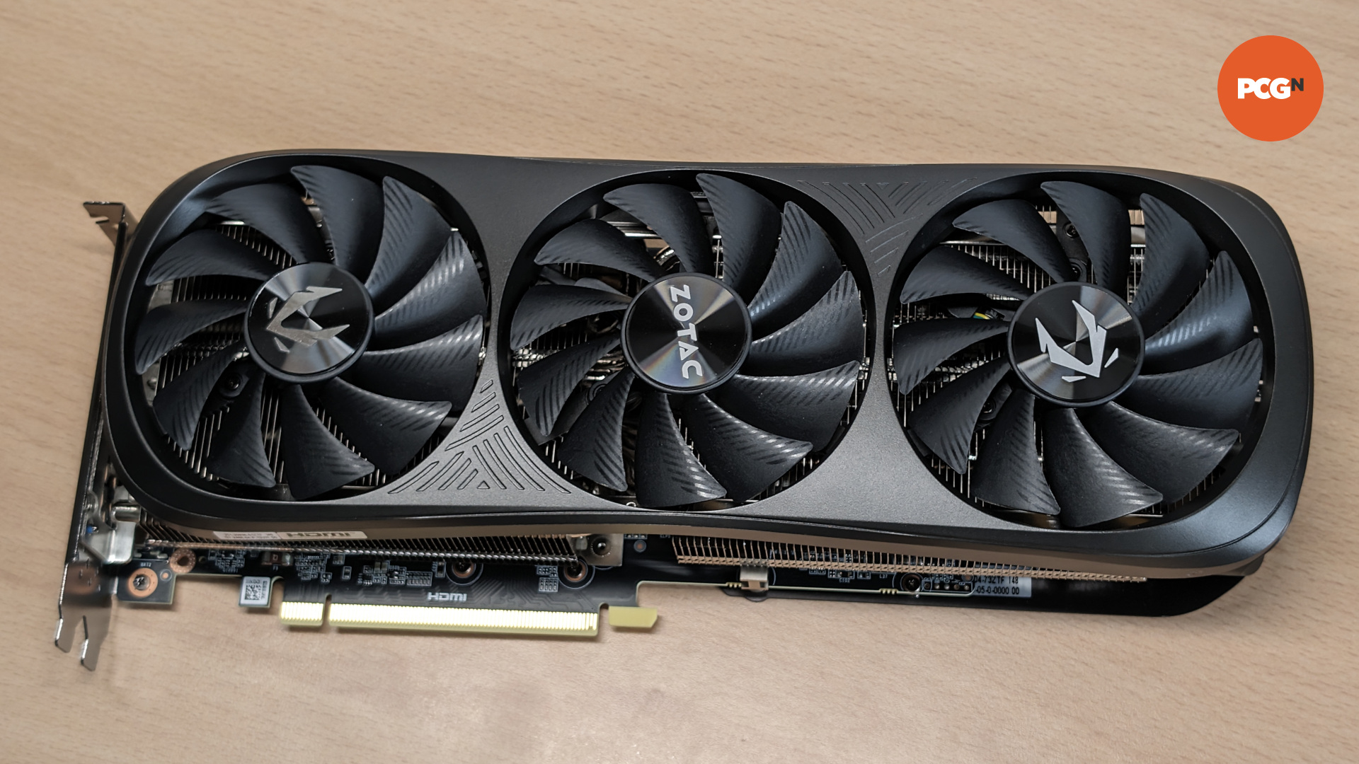 The Nvidia GeForce RTX 4070 Ti Super graphics card against a wooden background