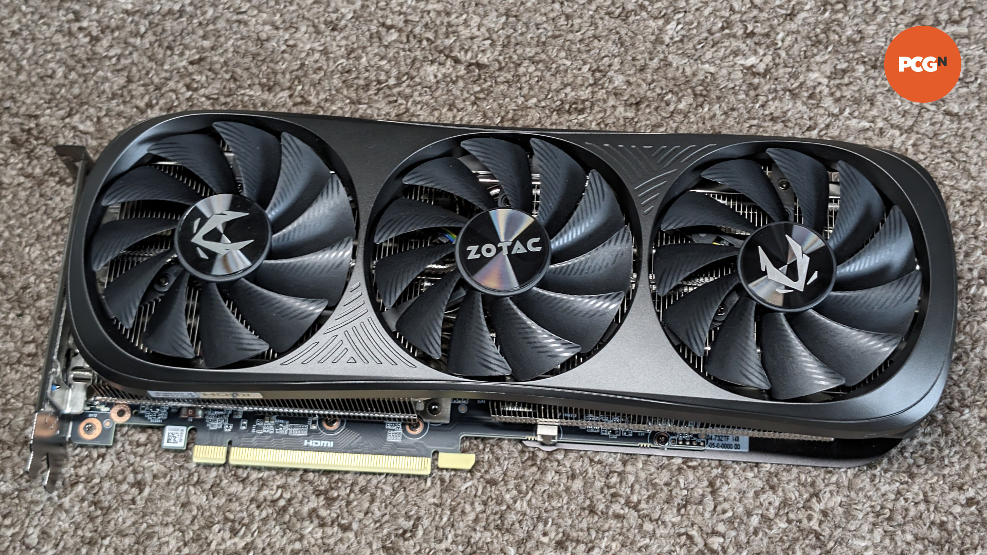 The Nvidia GeForce RTX 4070 Ti Super graphics card on a carpeted surface