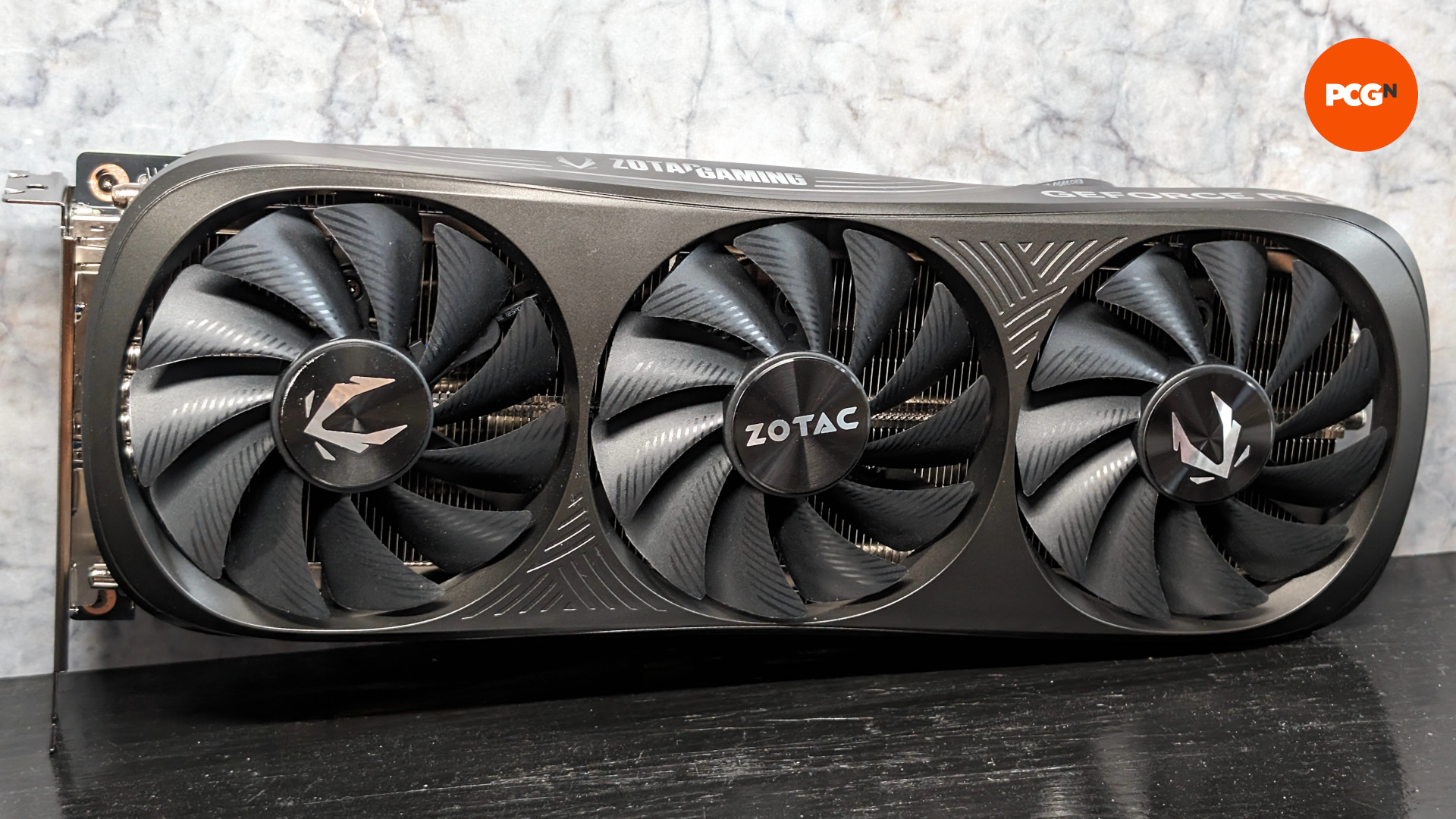 The Nvidia GeForce RTX 4070 Ti Super graphics card against a porcelain background
