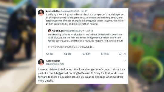 Overwatch 2 self heal Aaron Keller: a couple of tweets on a blurred background