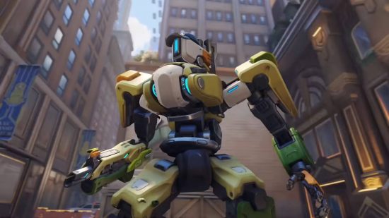 Overwatch 2 tier list: Bastion is a robot with a baseball cap standing in the middle of the city.