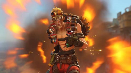 Overwatch 2 tier list: Junkrat is reacting to the explosion behind him with blissful ignorance.