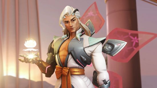 Overwatch 2 tier list: Lifeweaver is wearing a set of robes with LED petals out of the back. He's holding an orb of light.