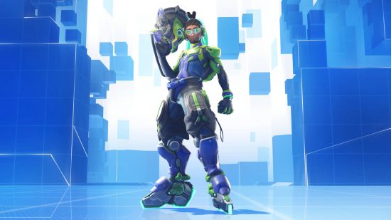 Overwatch 2 tier list: Lucio is holding his Boom weapon upward. He's wearing futuristic gear, including rollerblades.