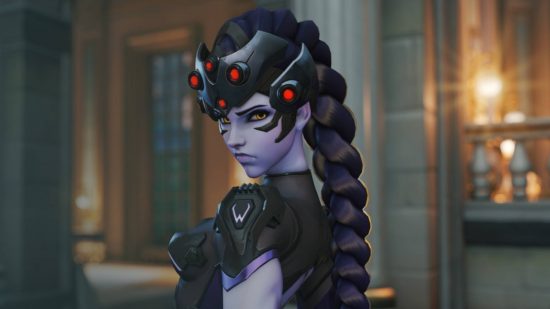 Overwatch 2 tier list: Widowmaker is glancing over her shoulder. She is wearing a head visor on her forehead.