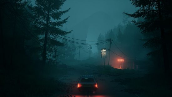 Pacific Drive preview: A lone car stands in a murky grey road facing a glowing orange sign