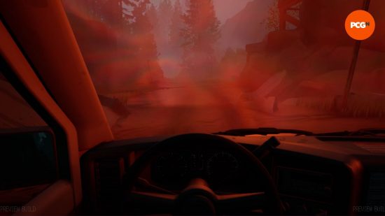 Pacific Drive preview: an ominous red mist surrounds the car