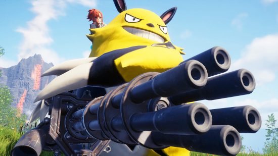 A girl sitting on top of a large, yellow point-eared creature, which has a big minigun.