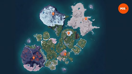 The location of all Palworld bosses in order, represented by pins on the map of Palpagos Island.