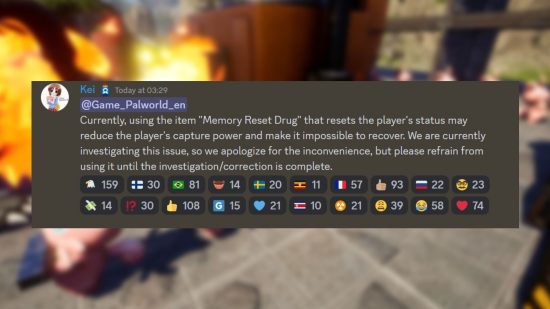 Palworld bug Memory Wiping Medicine: a Discord post on Palworld about the drug that ruins your catching stat