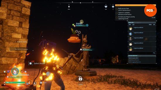 Eine Spielfigur hält eine brennende Spitzhacke und blickt auf eine riesige Statue, während daneben eine Kreatur in der Luft schwebt und schläft