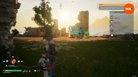 A Palworld character wearing a witch hat looks out at their base as the sun rises