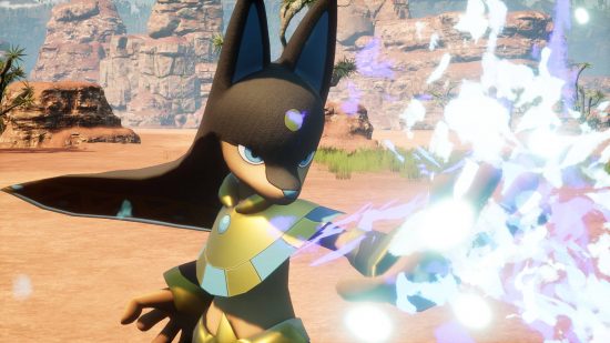 An Anubis using their powers to fight against off-screen foes and level up fast in Palworld.